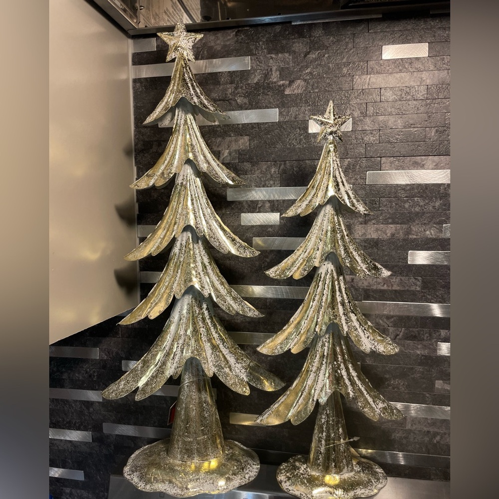 Bundle NWT 19” & 15” Gold & Silver Champagne Tiered Christmas Trees Tabletop
